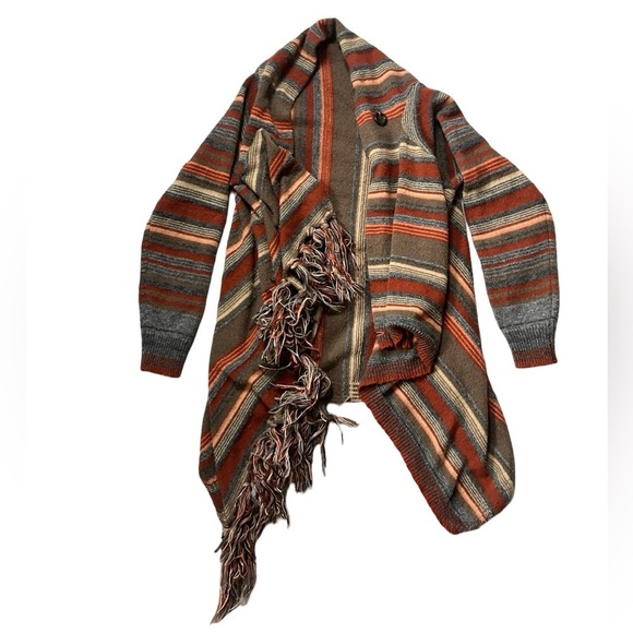 Women’s Earthtone Striped Cardigan with Fringe - Picture 2 of 5